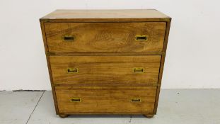 MAHOGANY THREE DRAWER CAMPAIGN CHEST WITH BRASS HANDLES AND BANDING 82CM. X 39CM. X 81CM.