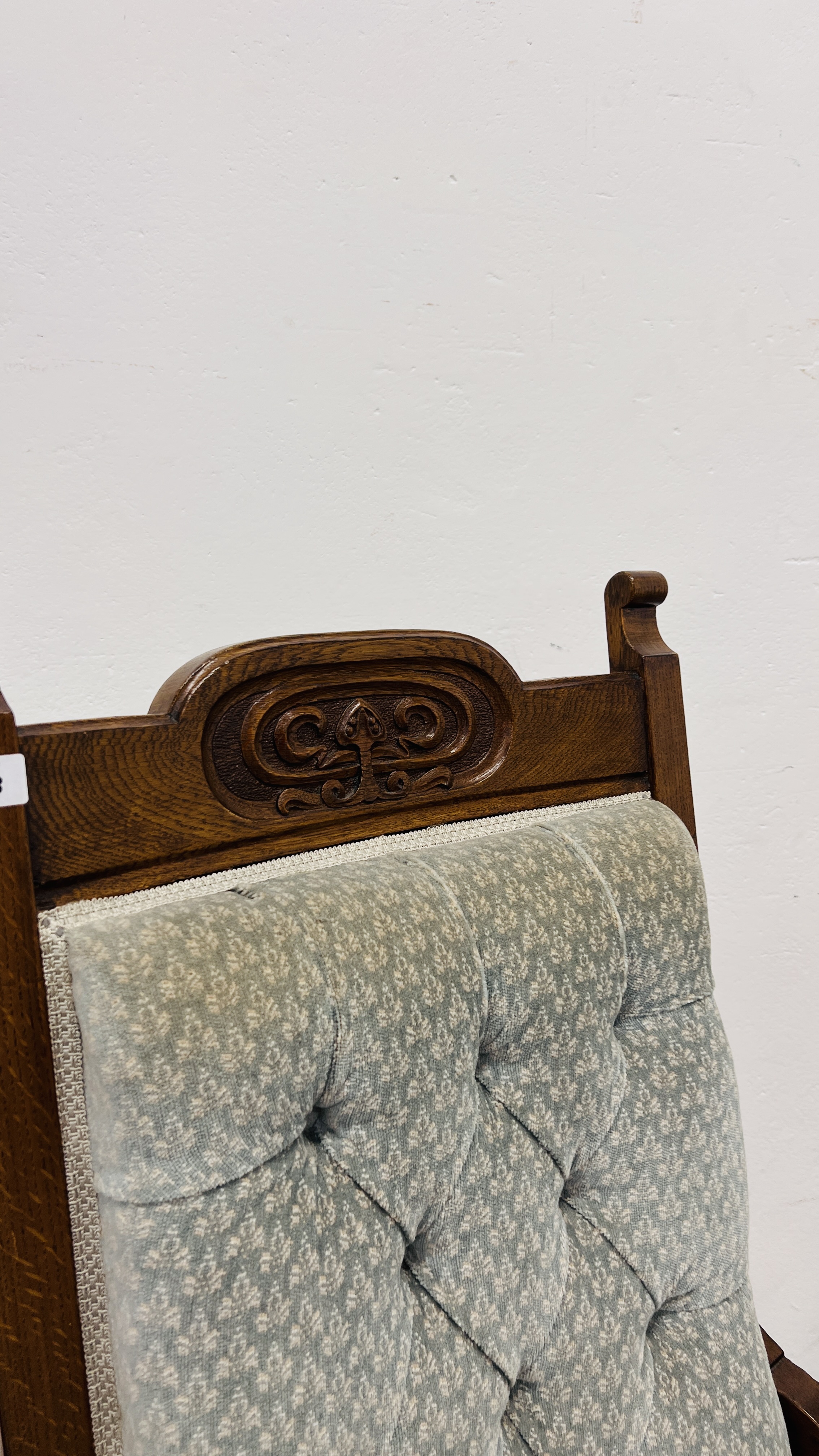 A PAIR OF EDWARDIAN OAK LOW SEAT CHAIRS UPHOLSTERED IN PASTEL BLUE - Image 11 of 11