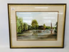 A FRAMED AND MOUNTED WATERCOLOUR OF "GAYIS STAITHE IRSTEAD" BEARING SIGNATURE JEREMY BARLOW 52CM.