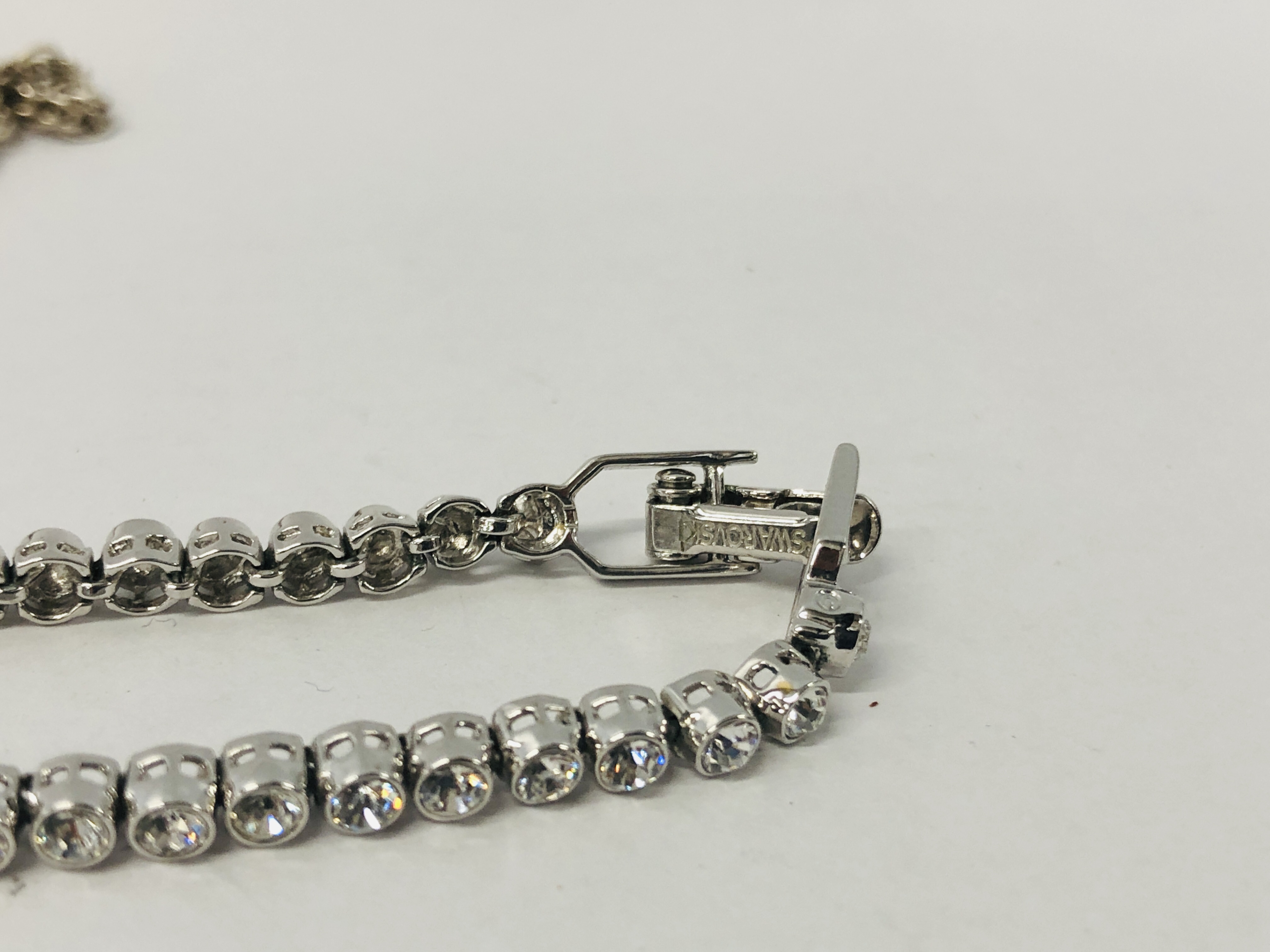 A SILVER NECKLACE WITH DIAMOND SET PENDANT MARKED 14K ALONG WITH A SWAROVSKI TENNIS STYLE BRACELET, - Image 3 of 9