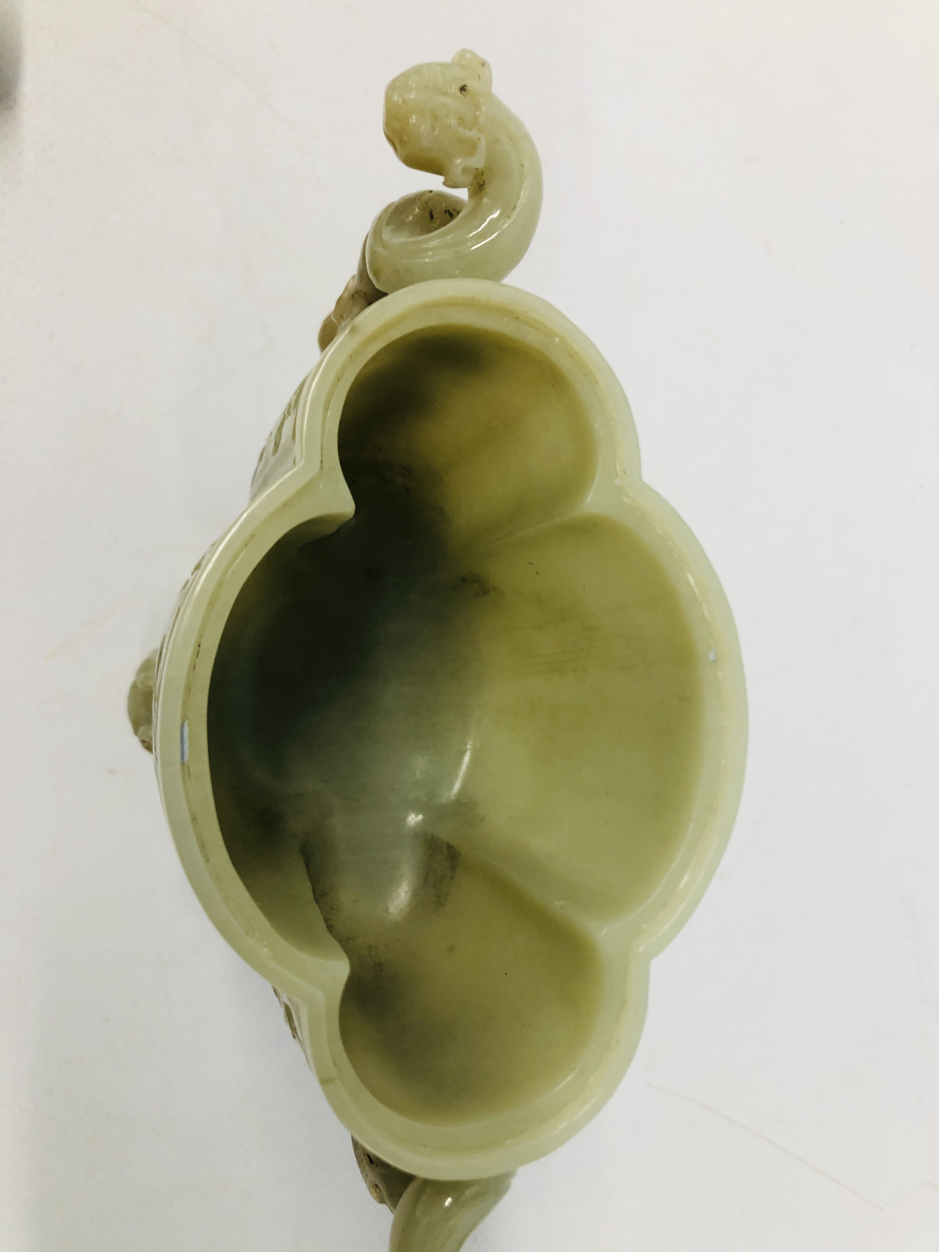 WELL CARVED CHINESE CELADON JADE JAR AND COVER OF ARCHAIC FORM ON THREE MASK AND PAW FEET, - Image 7 of 10