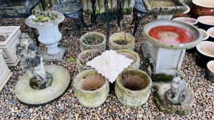 A GROUP OF GARDEN STONEWORK TO INCLUDE SIX PLANTERS, URN, TWO BIRD BATHS, SEATED FIGURE, DOG,