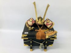 A REPRODUCTION JAPANESE SAMURAI WARRIOR HELMET IN PRESENTATION CASKET