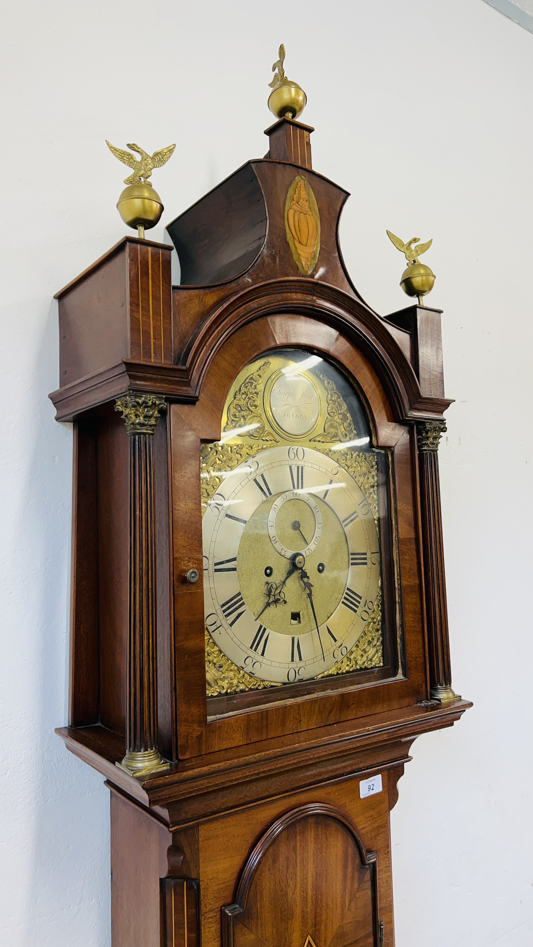 AN INLAID MAHOGANY GRANDFATHER CLOCK WITH JOSEPH LUM FACE COMPLETE WITH KEY AND PENDULUM - Image 2 of 14
