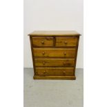 A HONEY PINE TWO OVER THREE CHEST OF DRAWERS WIDTH 89CM. DEPTH 42CM. HEIGHT 95CM.
