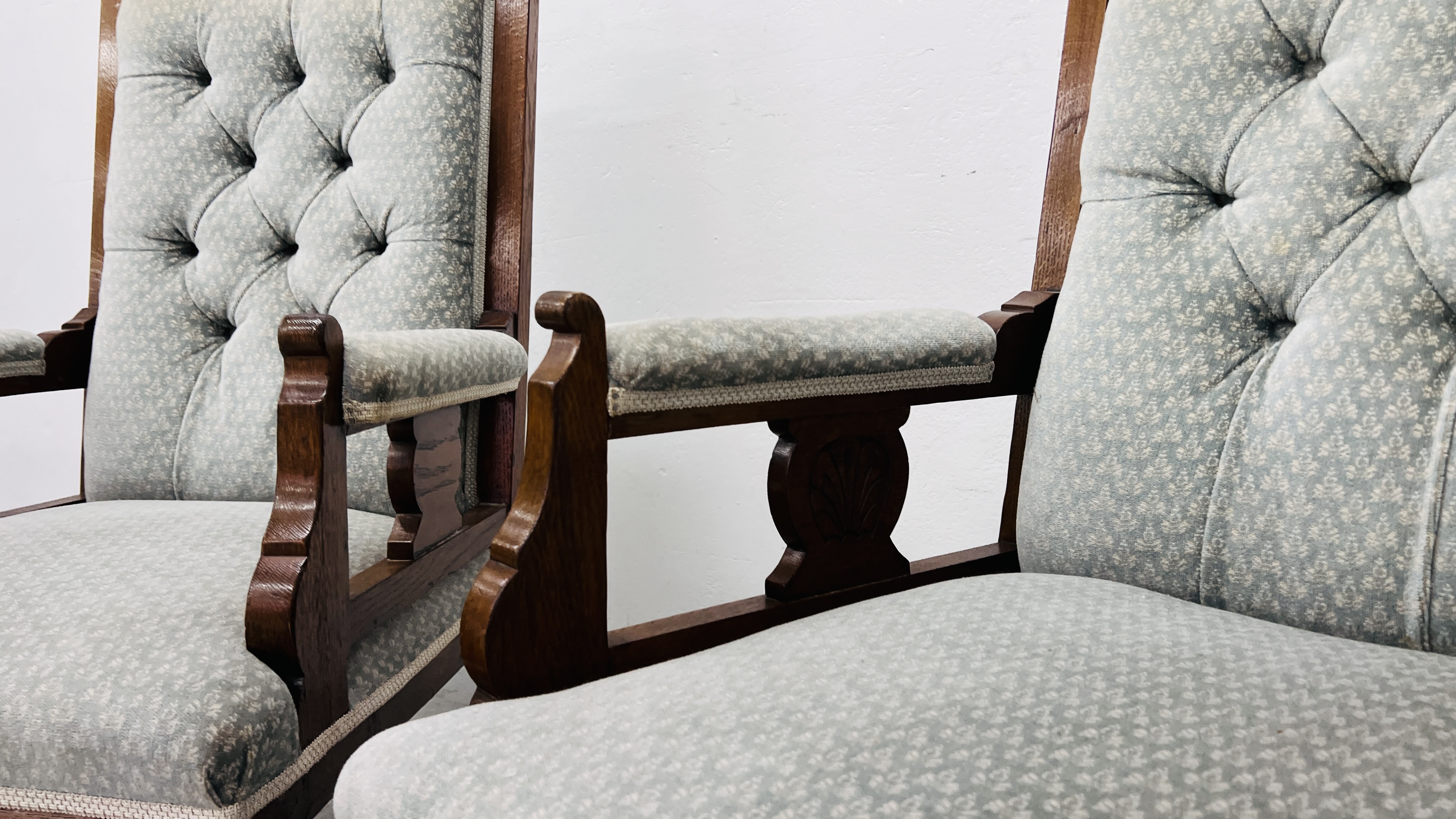 A PAIR OF EDWARDIAN OAK LOW SEAT CHAIRS UPHOLSTERED IN PASTEL BLUE - Image 7 of 11