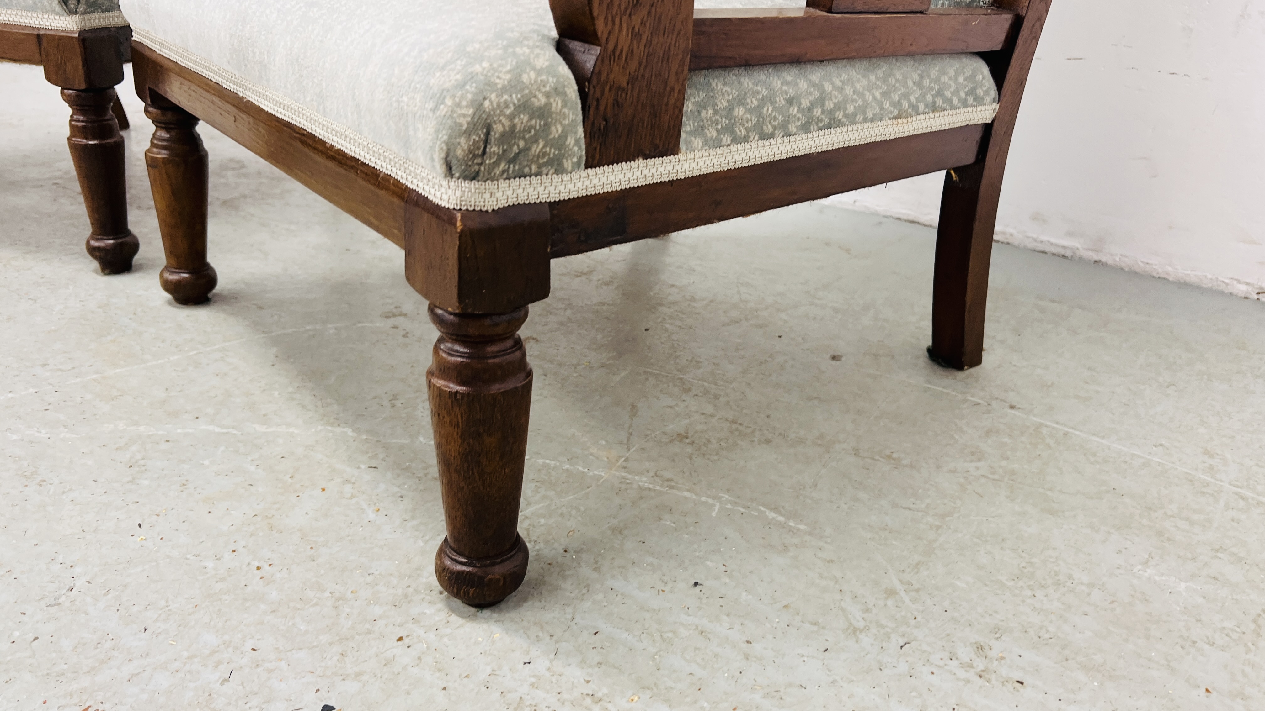 A PAIR OF EDWARDIAN OAK LOW SEAT CHAIRS UPHOLSTERED IN PASTEL BLUE - Image 6 of 11