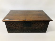 A LATE C17TH OAK BIBLE BOX W 65CM, D 39CM, H 25CM.