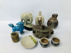 COLLECTION OF ORIENTAL AND STUDIO CERAMICS TO INCLUDE A GLAZED ELEPHANT,