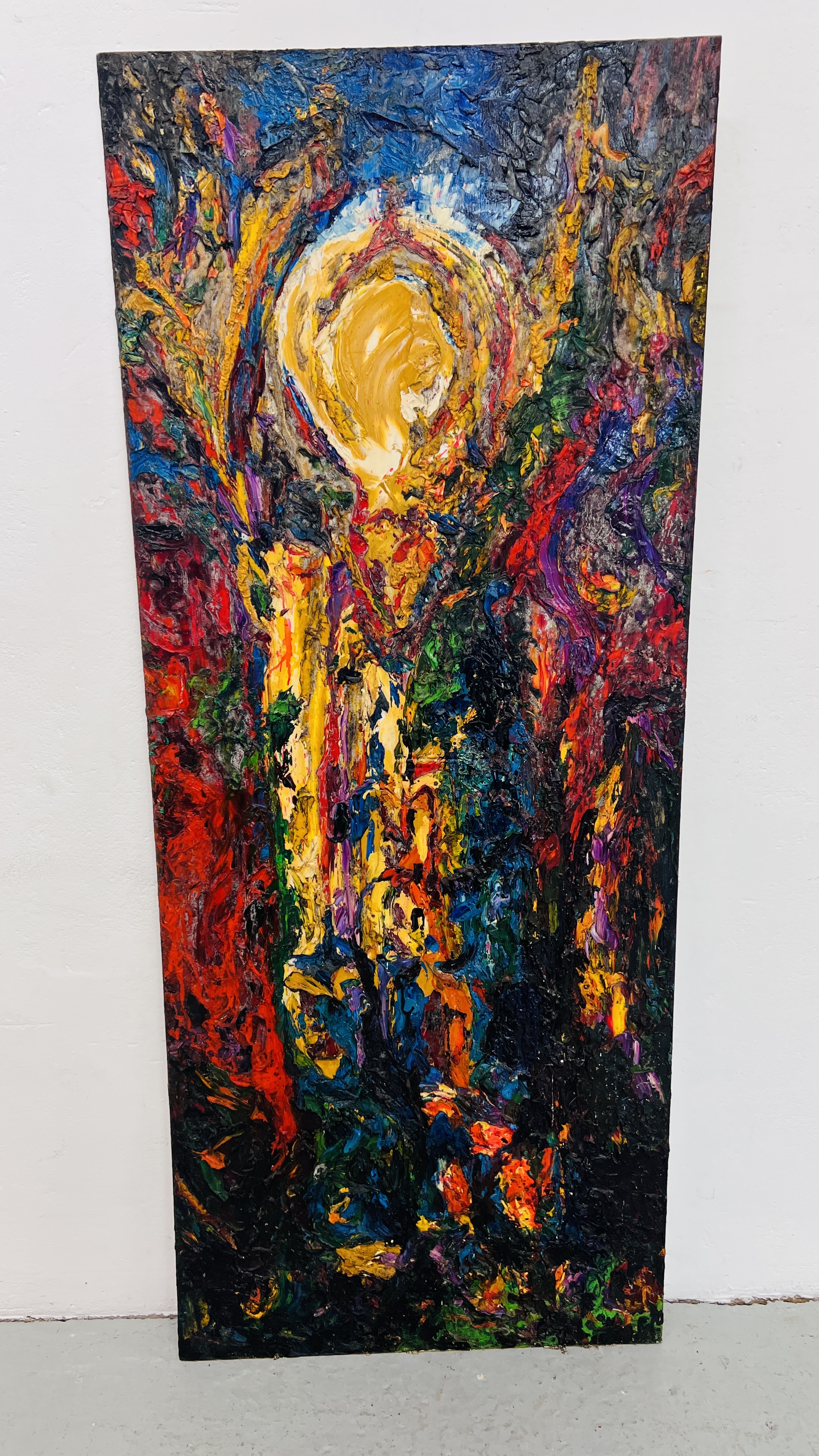 AN ABSTRACT OIL ON BOARD PAINTING BY EDWARD TWOHIG 60 X 147CM.