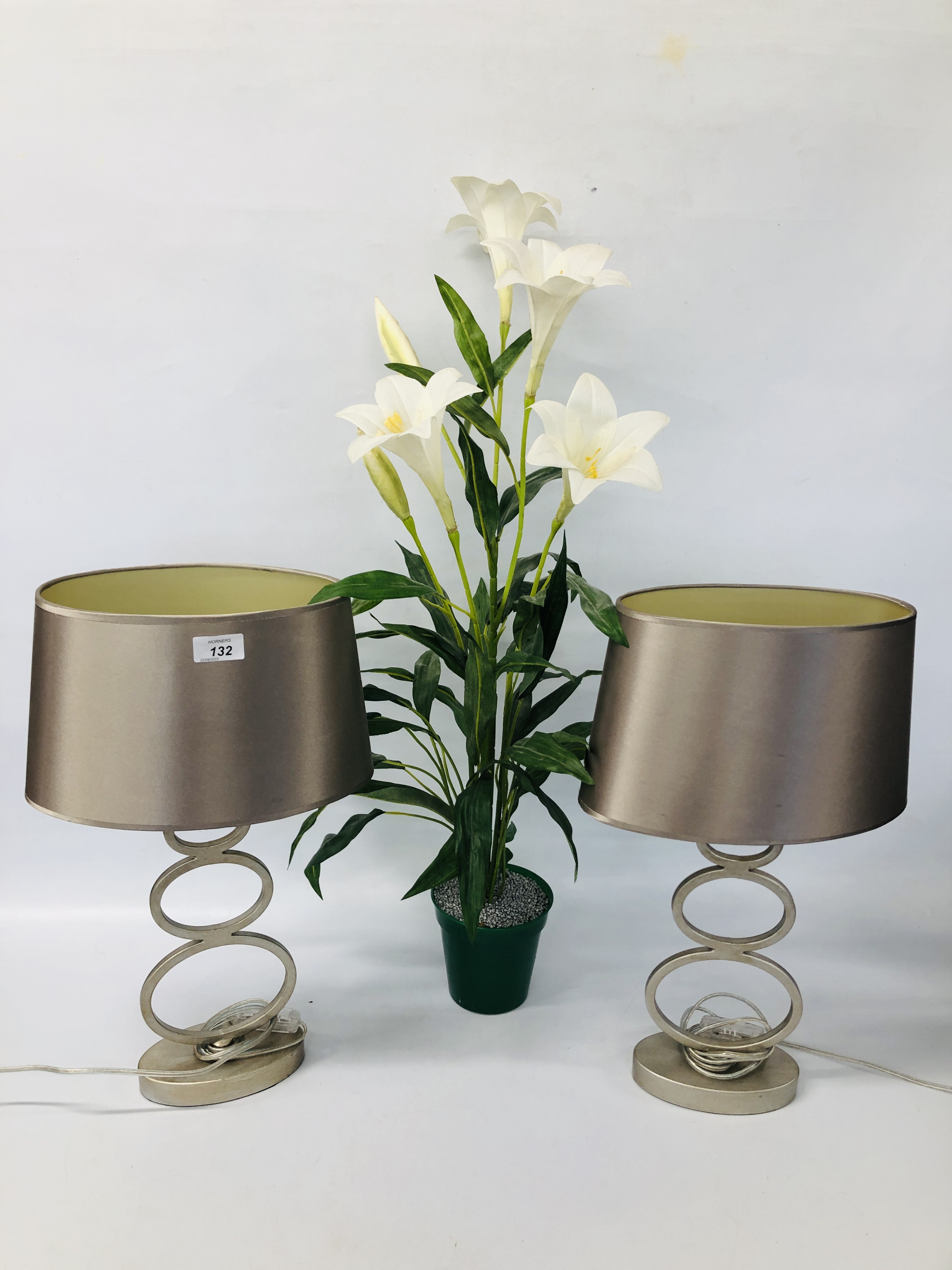 PAIR OF MODERN LAURA ASHLEY TABLE LAMPS AND SHADES ALONG WITH AN ARTIFICIAL LILY ARRANGEMENT - SOLD