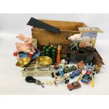 BOX OF ASSORTED VINTAGE COLLECTIBLES TO INCLUDE TIN PLATE TOYS, STOVE, DOLLS HOUSE FURNITURE,