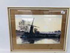 A BROADLAND WATERCOLOUR OF MILL BEARING SIGNATURE BEARMAN 31CM. X 47CM.