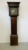 AN ANTIQUE OAK CASED GRANDFATHER CLOCK,