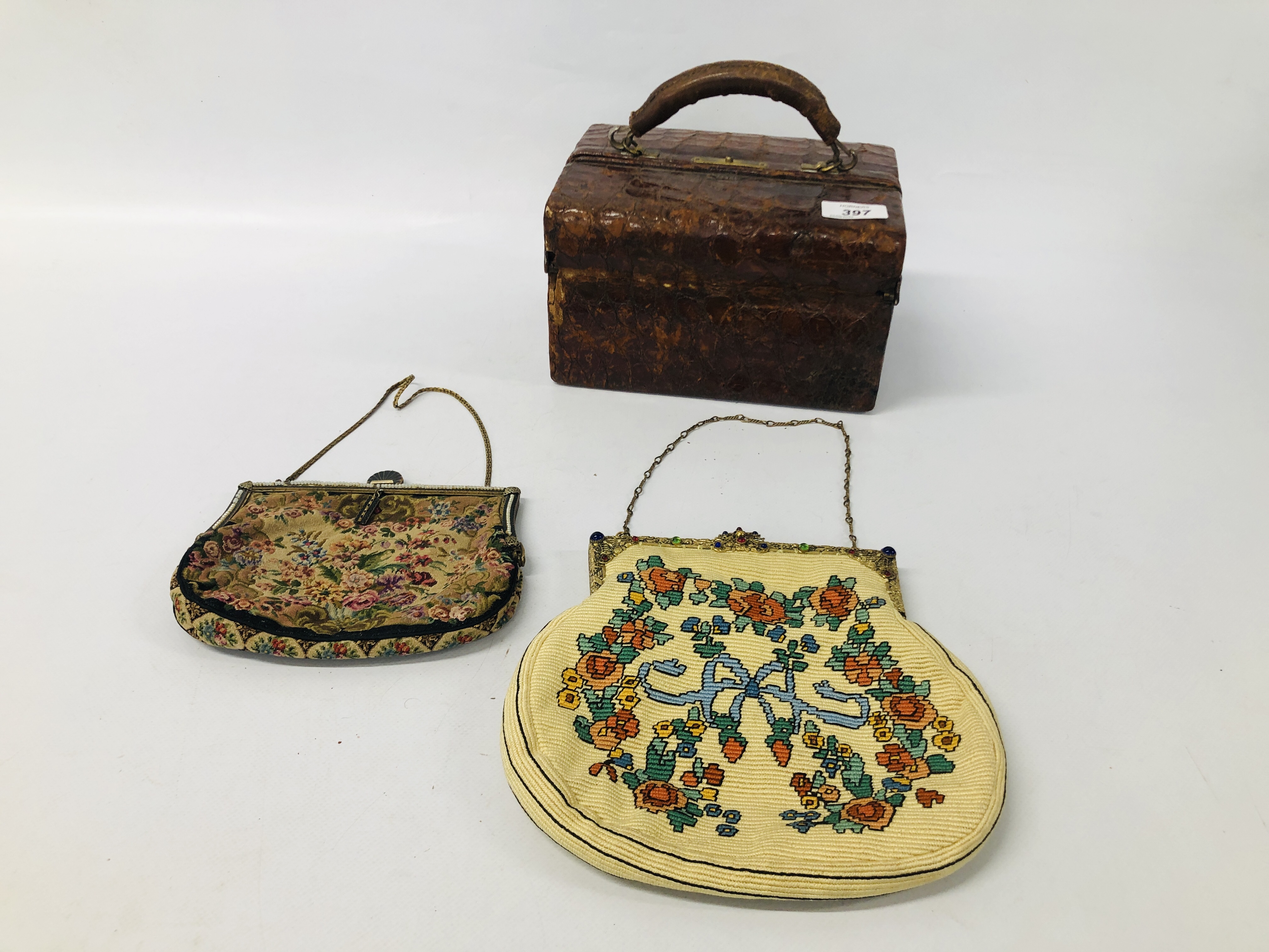 TWO VINTAGE NEEDLEWORK BAGS ALONG WITH A VINTAGE BROWN CROCODILE SKIN "ASPREYS LONDON" TRAVELLING