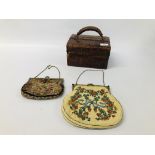 TWO VINTAGE NEEDLEWORK BAGS ALONG WITH A VINTAGE BROWN CROCODILE SKIN "ASPREYS LONDON" TRAVELLING