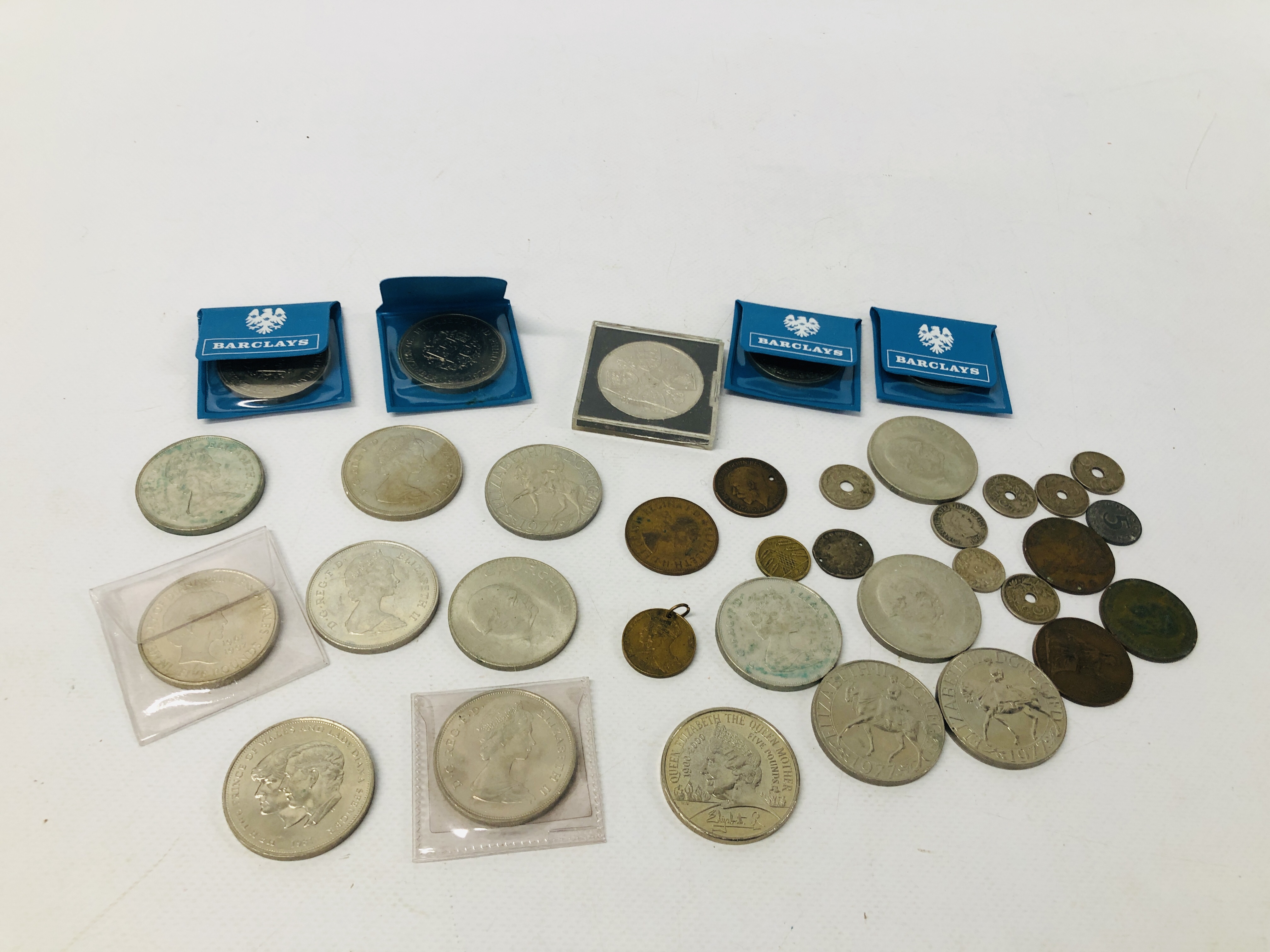 BOX OF ASSORTED COINAGE TO INCLUDE SILVER CROWNS, ETC.
