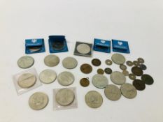 BOX OF ASSORTED COINAGE TO INCLUDE SILVER CROWNS, ETC.