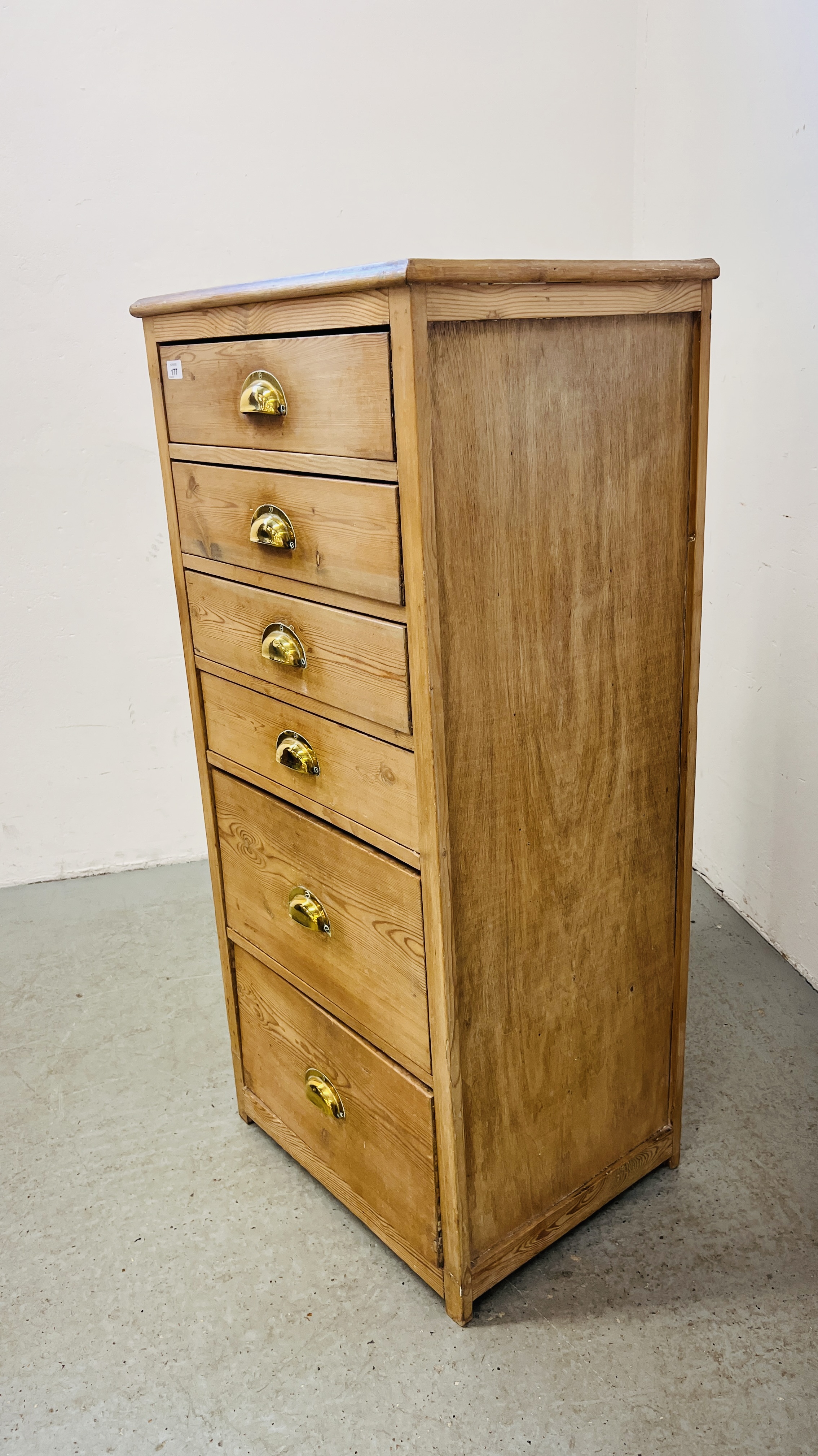 AN ANTIQUE WAXED PINE SIX DRAWER TOWER CHEST W 57CM, D 44CM, H 123CM. - Image 4 of 7