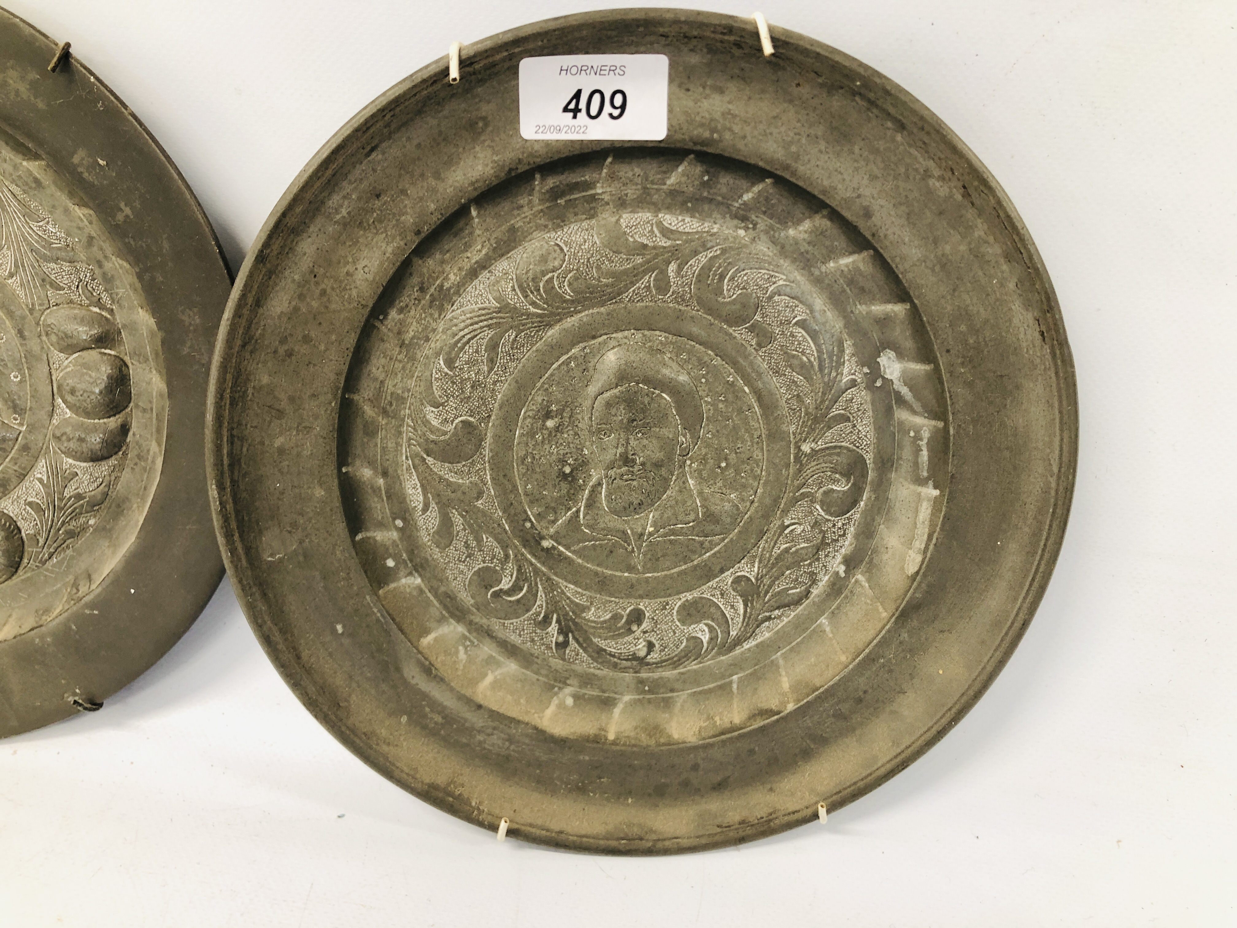 THREE PERIOD PEWTER PLATES/CHARGERS, - Image 2 of 10