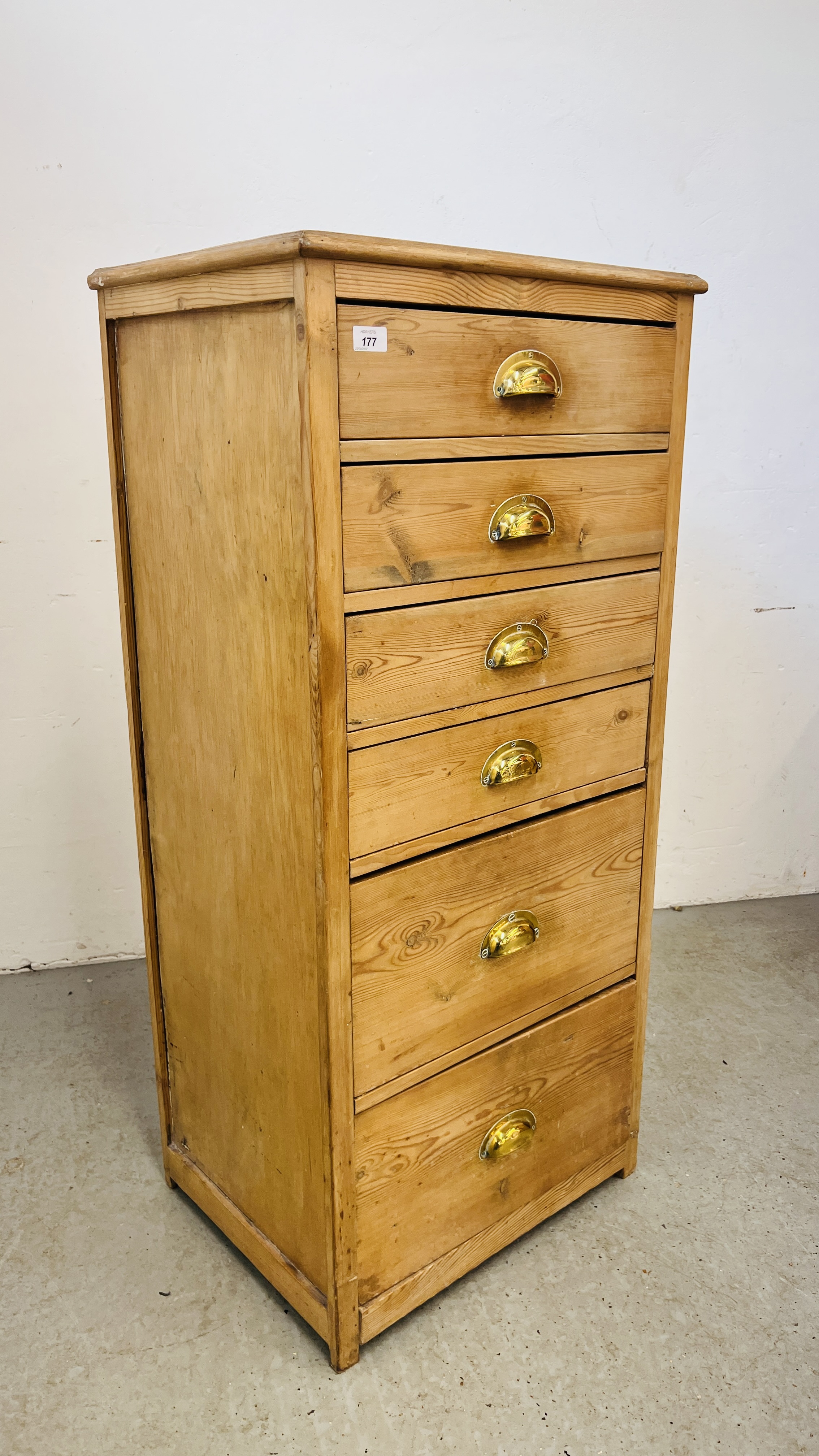 AN ANTIQUE WAXED PINE SIX DRAWER TOWER CHEST W 57CM, D 44CM, H 123CM. - Image 5 of 7