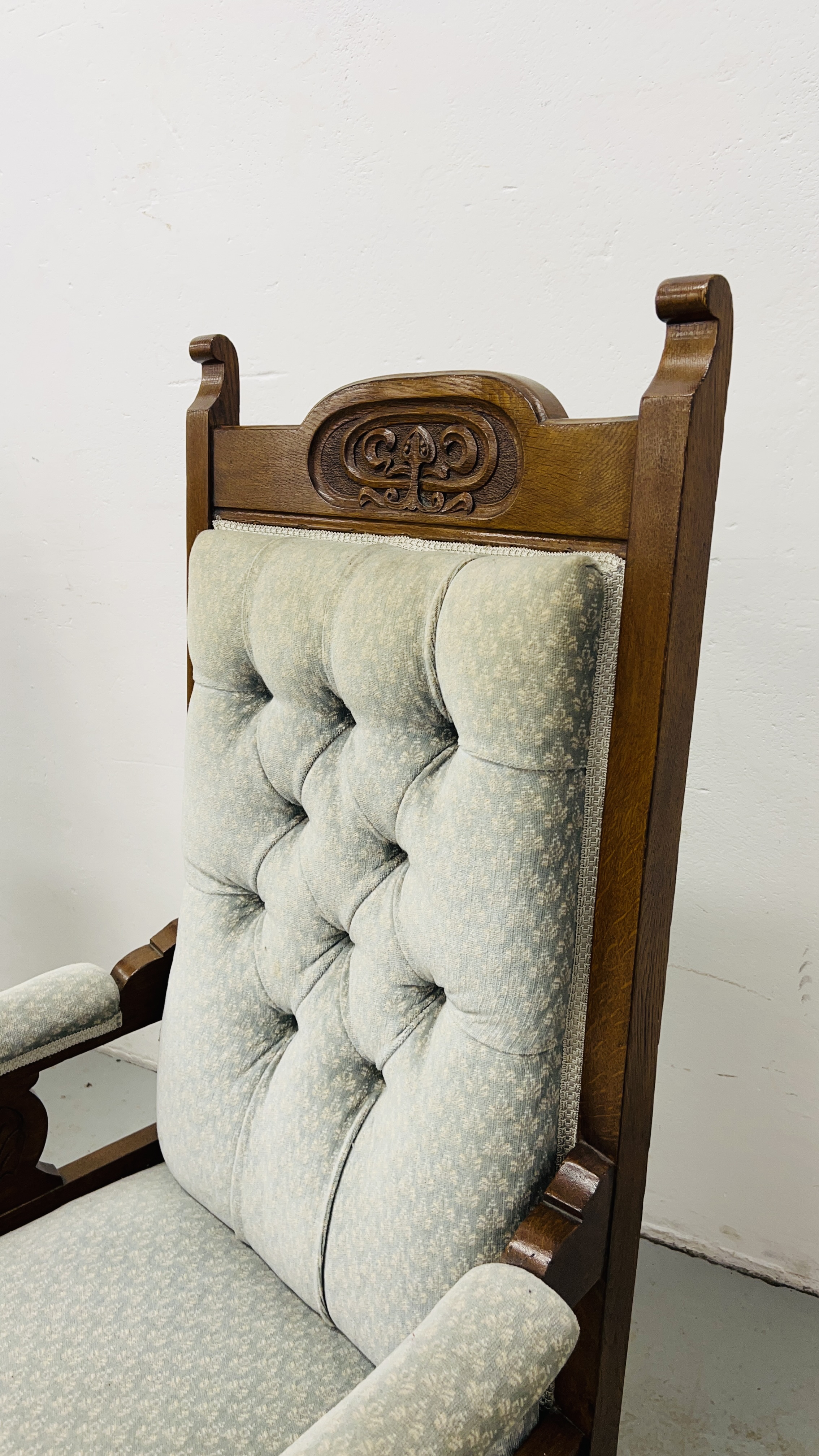 A PAIR OF EDWARDIAN OAK LOW SEAT CHAIRS UPHOLSTERED IN PASTEL BLUE - Image 4 of 11