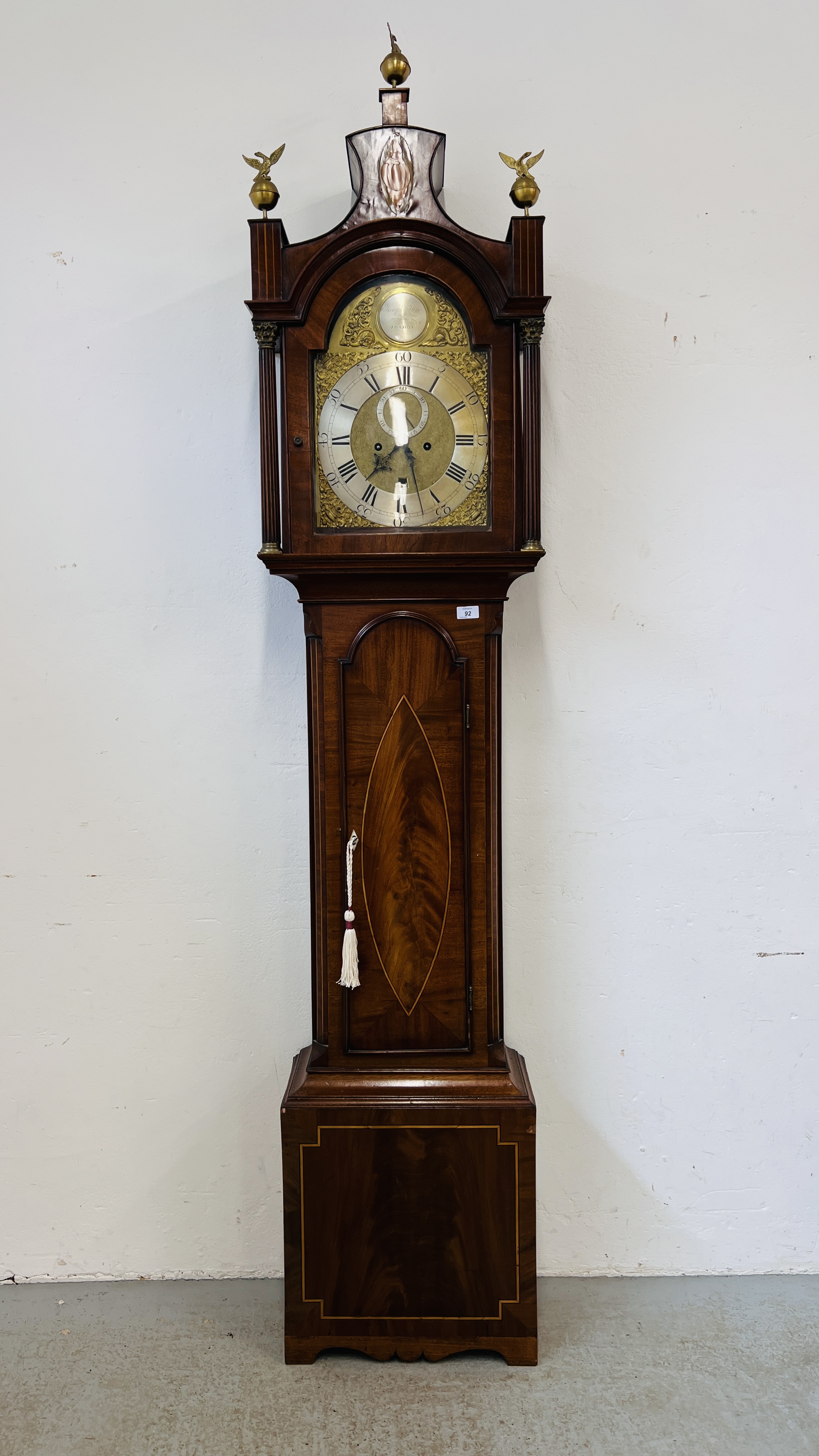 AN INLAID MAHOGANY GRANDFATHER CLOCK WITH JOSEPH LUM FACE COMPLETE WITH KEY AND PENDULUM