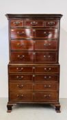 A C19TH MAHOGANY CHEST ON CHEST W 107CM, D 55CM, H 199CM.