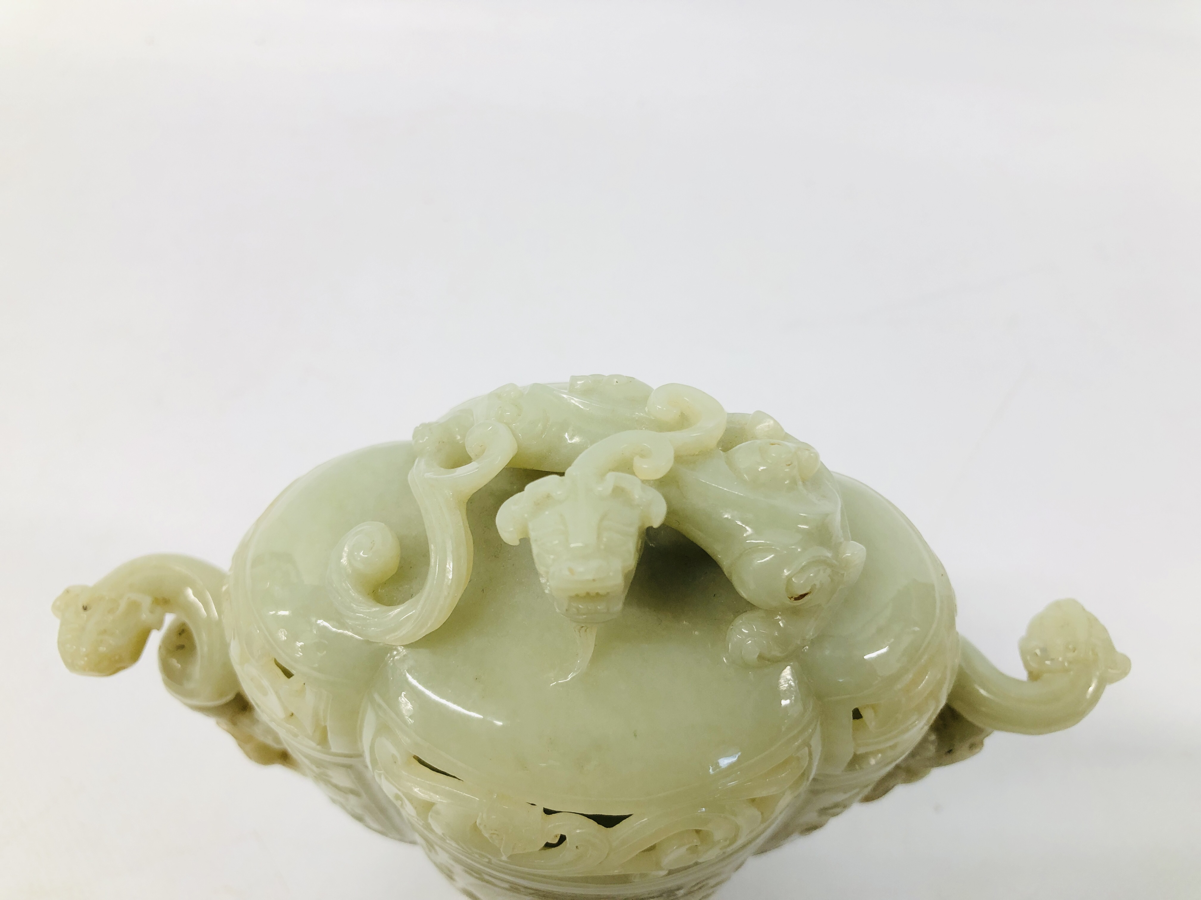 WELL CARVED CHINESE CELADON JADE JAR AND COVER OF ARCHAIC FORM ON THREE MASK AND PAW FEET, - Image 2 of 10