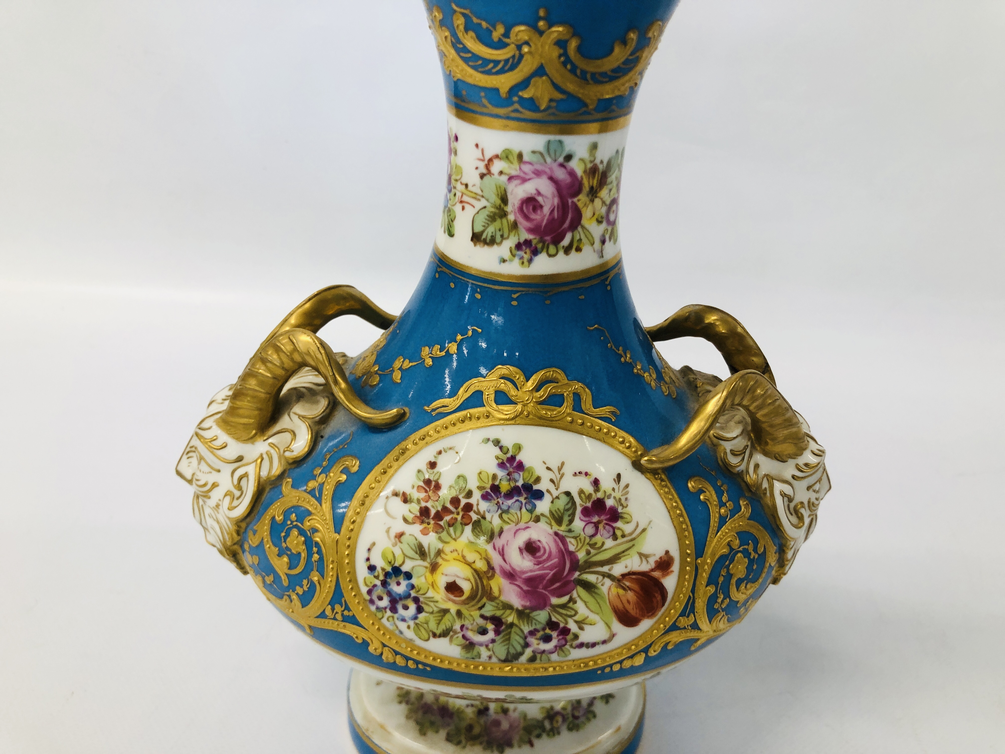 A PAIR OF C19TH SÉVRES COVERED VASES WITH RAM'S HEAD HANDLES, DECORATED WITH OVAL PANELS, - Image 19 of 27