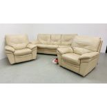 MODERN CREAM LEATHER THREE PIECE SUITE COMPRISING OF A THREE SEATER SOFA,