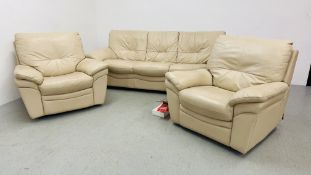 MODERN CREAM LEATHER THREE PIECE SUITE COMPRISING OF A THREE SEATER SOFA,