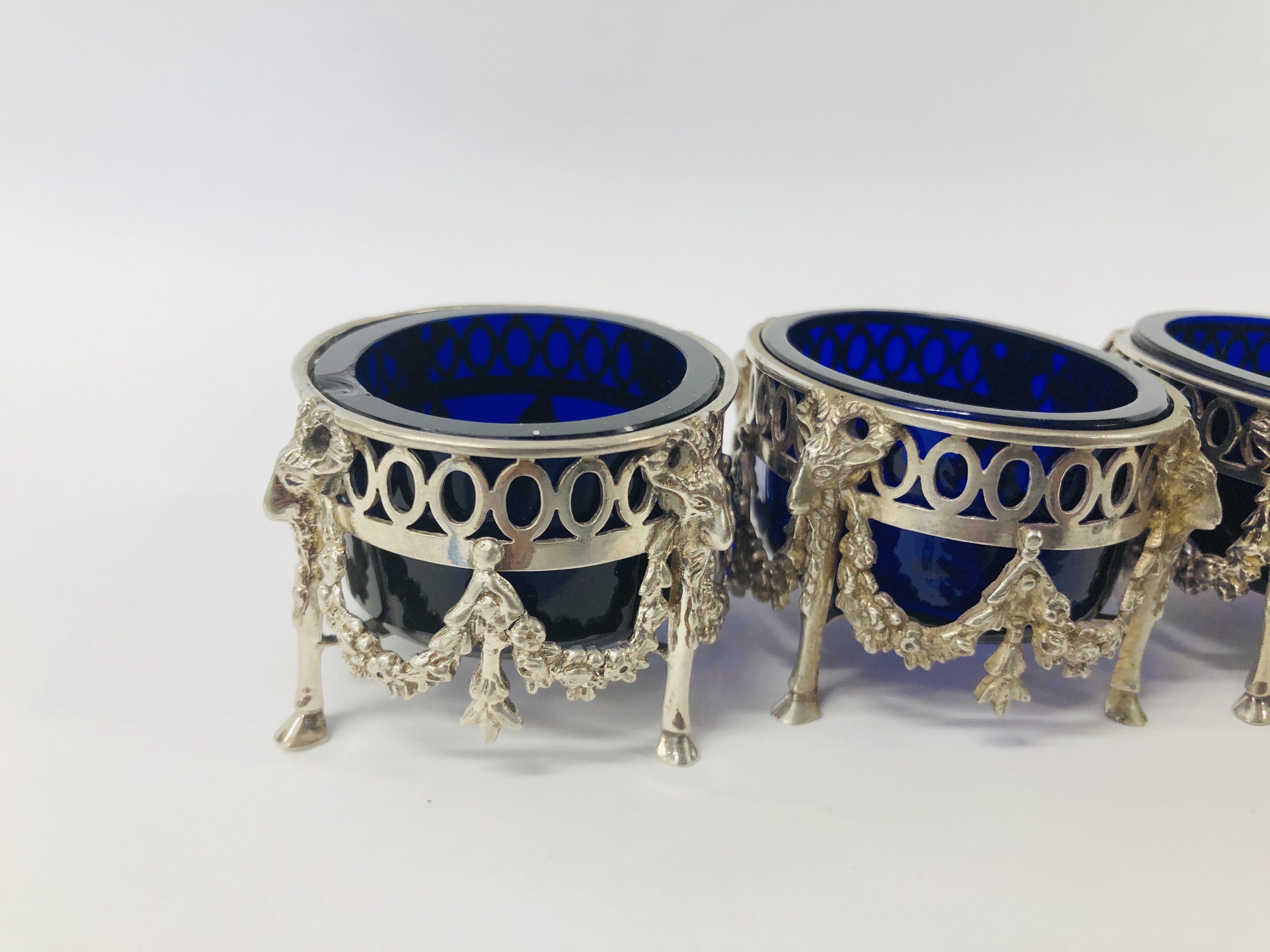 FOUR DUTCH SILVER SALTS WITH BLUE GLASS LINERS (ONE LINER A/F) - Image 9 of 17