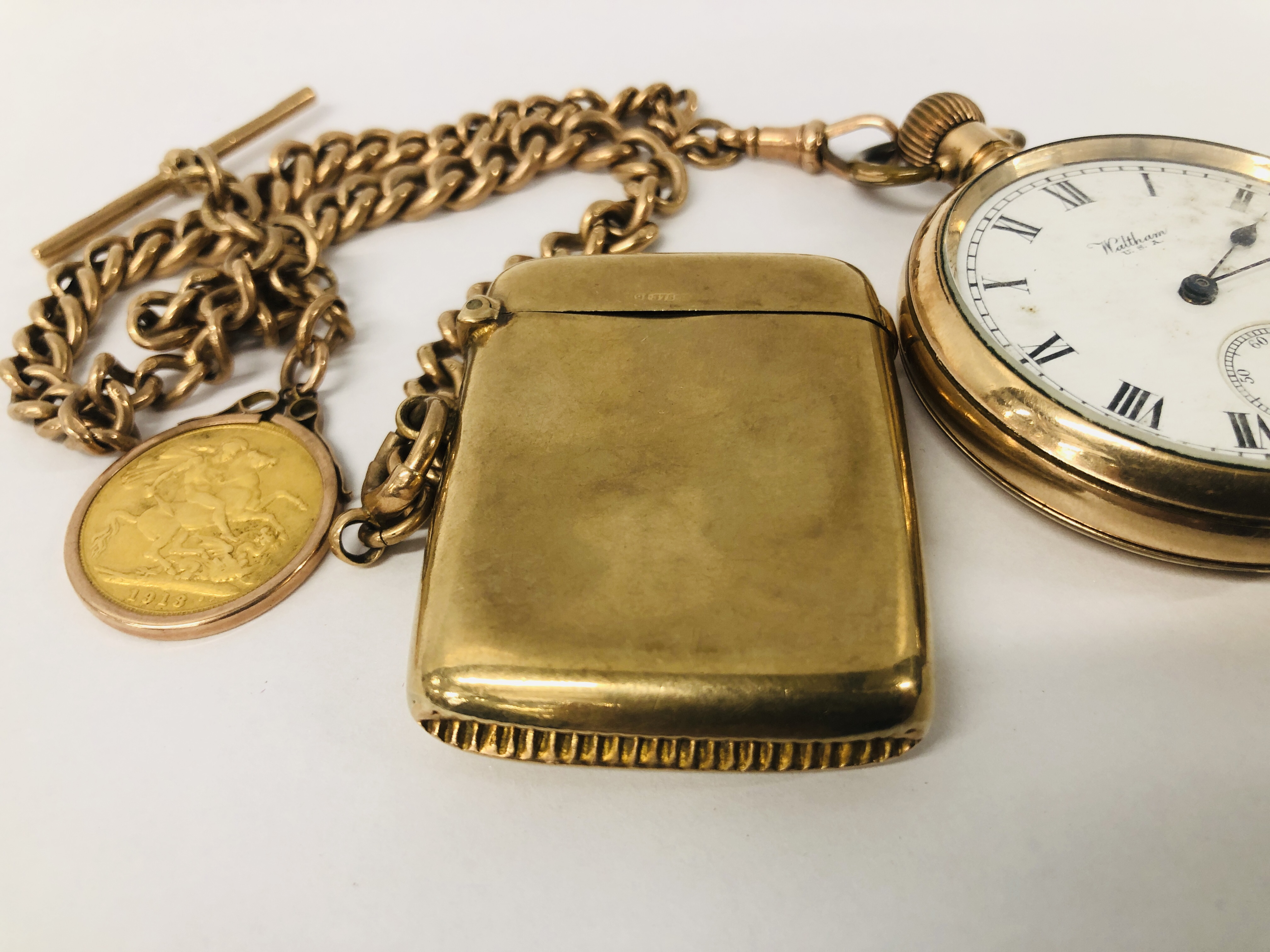 A WALTHAM GOLD PLATED POCKET WATCH ON 9CT GOLD WATCH CHAIN WITH A GEORGE V 1913 FULL SOVEREIGN COIN - Image 2 of 19