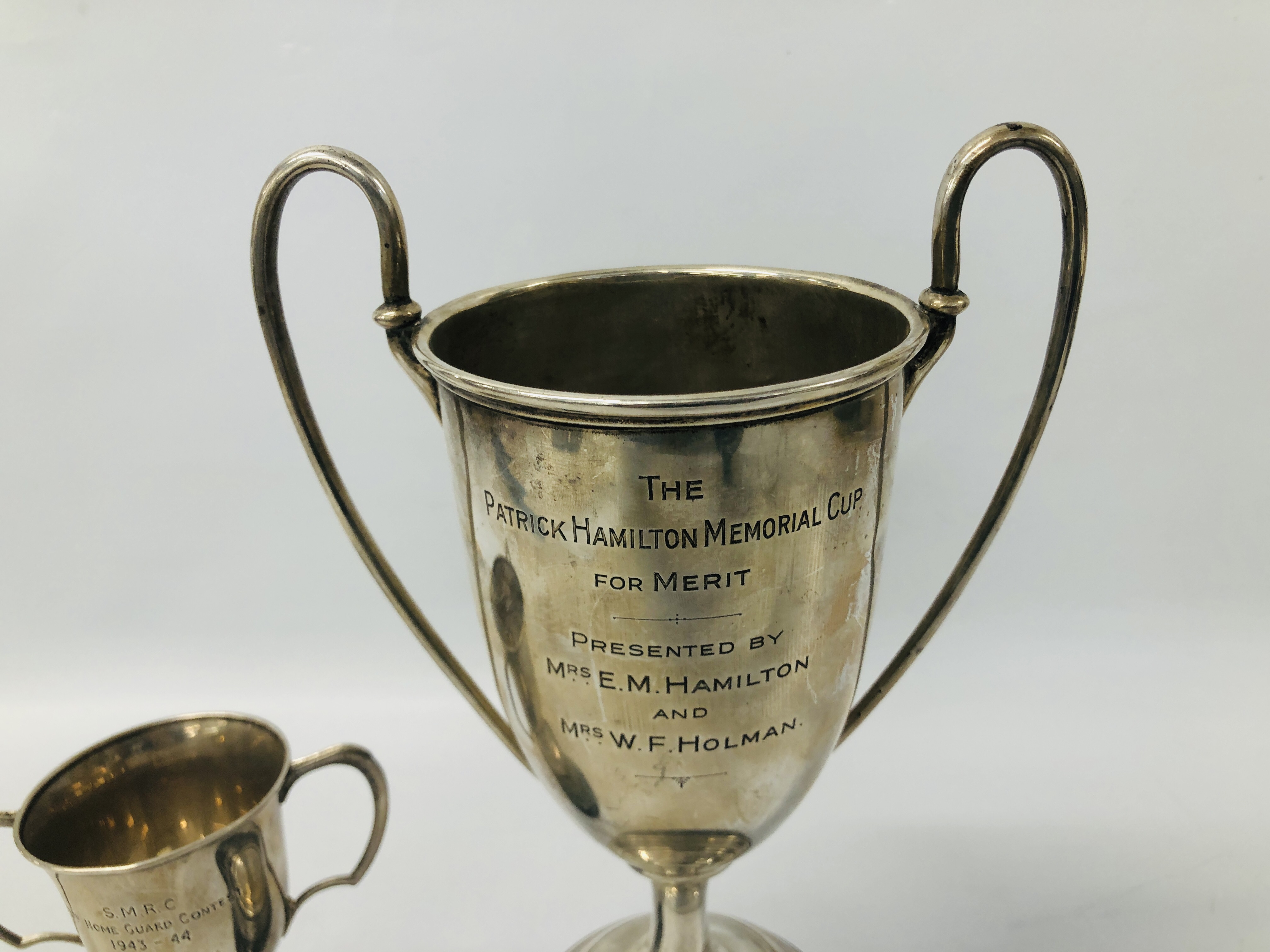 AN ANTIQUE TWO HANDLED SILVER PRESENTATION CUP BEARING INSCRIPTION RELATING TO THE PLATOON - Image 2 of 14