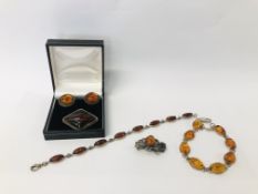 COLLECTION OF SILVER AND AMBER SET JEWELLERY TO INCLUDE TWO BROOCHES AND TWO BRACELETS,