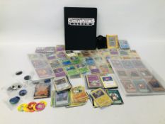 A MIXED COLLECTION OF POKEMON TRADING CARDS AND TOKENS PLUS YU-GI-OH TRADING CARDS