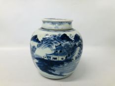 AN IMPRESSIVE C19TH BLUE AND WHITE ORIENTAL GINGER JAR WITH COVER (COVER IN A/F CONDITION) H 23CM.