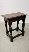 A LATE C17TH OAK JOINTED STOOL HEIGHT 56CM. WIDTH 46CM. DEPTH 29CM.