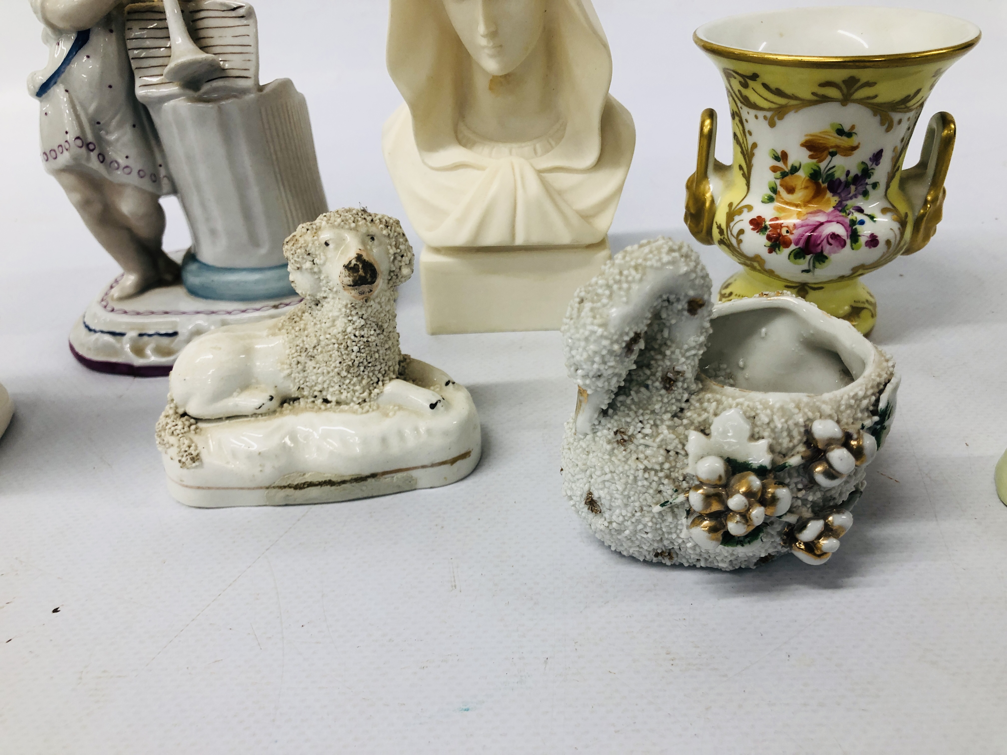 A GROUP OF HARDPASTE DECORATIVE EFFECTS TO INCLUDE SPILL VASE IN THE FORM OF A STANDING SHEPHERD - Image 7 of 12