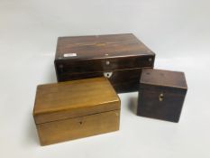 A VINTAGE MAHOGANY TEA CADDY 12CM. X 12CM. ALONG WITH MAHOGANY DRESSING TABLE JEWELLERY BOX 20CM.