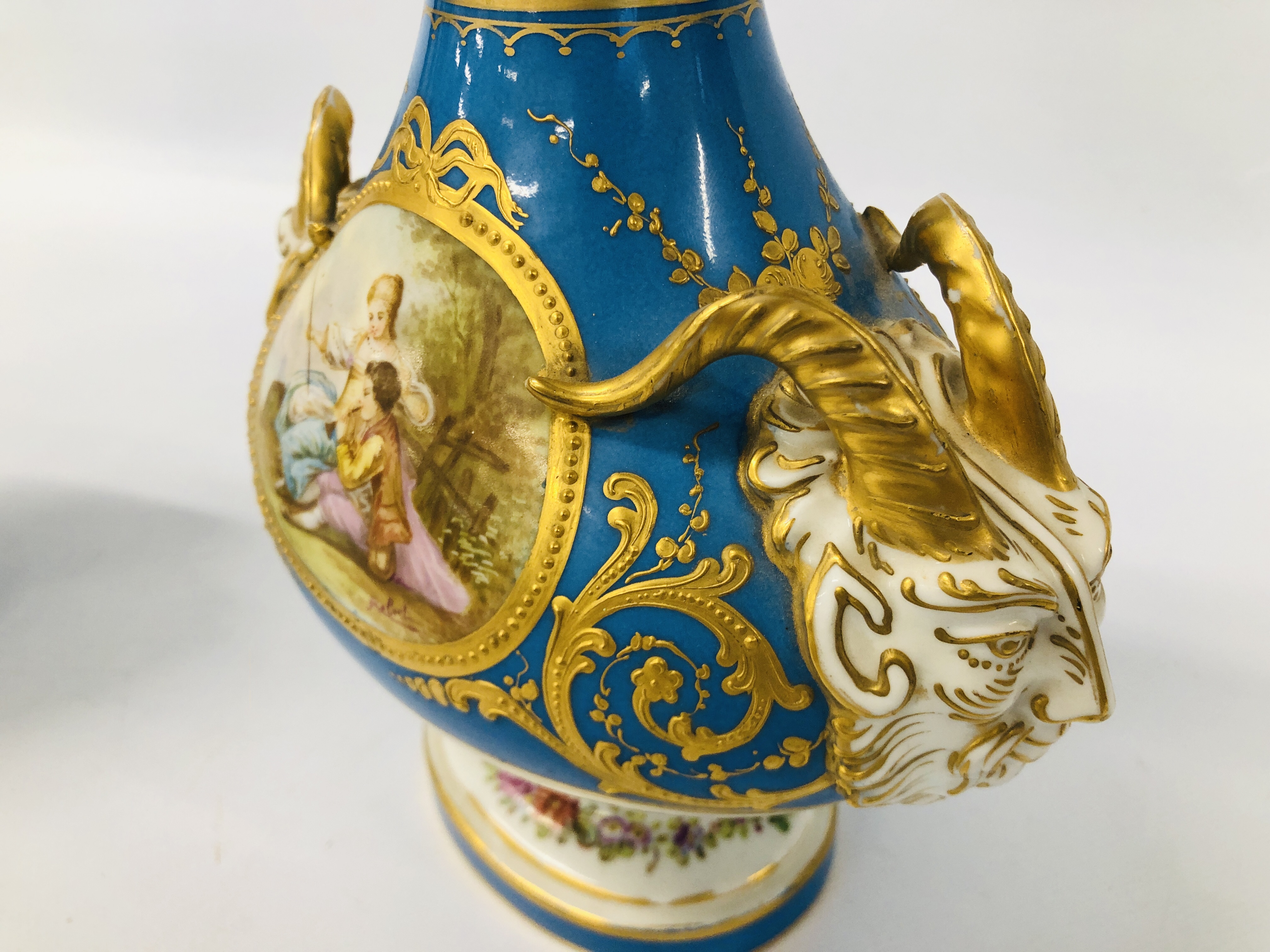 A PAIR OF C19TH SÉVRES COVERED VASES WITH RAM'S HEAD HANDLES, DECORATED WITH OVAL PANELS, - Image 9 of 27