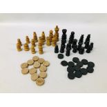 COLLECTION OF VINTAGE WOODEN CHESS AND DRAUGHT PIECES