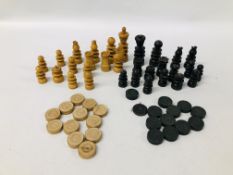 COLLECTION OF VINTAGE WOODEN CHESS AND DRAUGHT PIECES