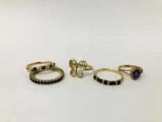 3 X 9CT. GOLD DRESS RINGS SET WITH SAPPHIRES (1 A/F), AN AMETHYST SET 9CT. GOLD AND A 9CT.