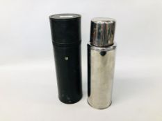 VINTAGE CHROME FLASK IN A BLACK LEATHER BASE MARKED "ASPREY"