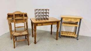 A SMALL SOLID PINE KITCHEN TABLE WITH DRAWER W 92CM, L 61CM,