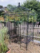 A METAL CRAFT GARDEN ARBOUR SEAT AND CANOPY - REQUIRES REPAIR.