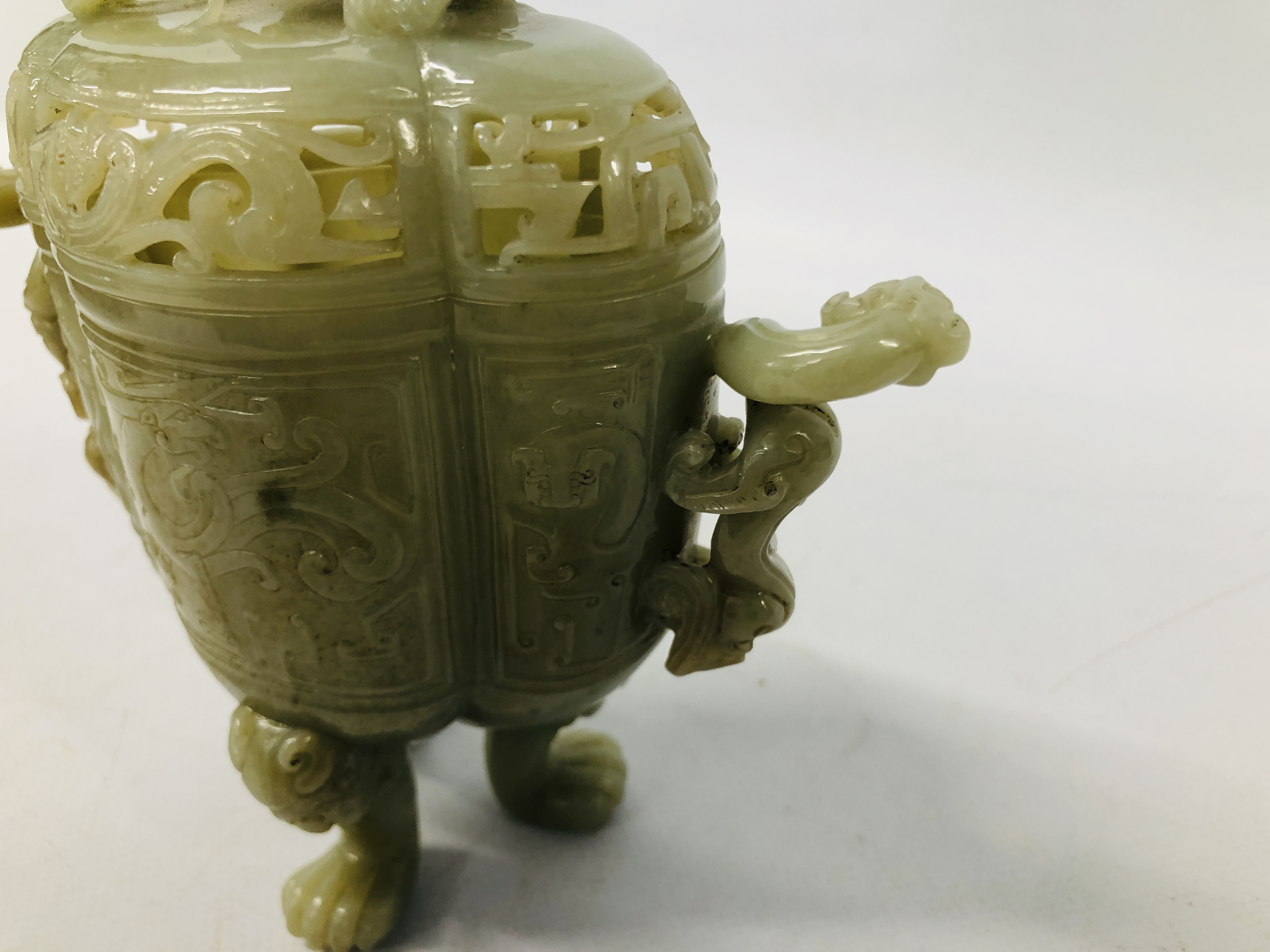 WELL CARVED CHINESE CELADON JADE JAR AND COVER OF ARCHAIC FORM ON THREE MASK AND PAW FEET, - Image 4 of 10