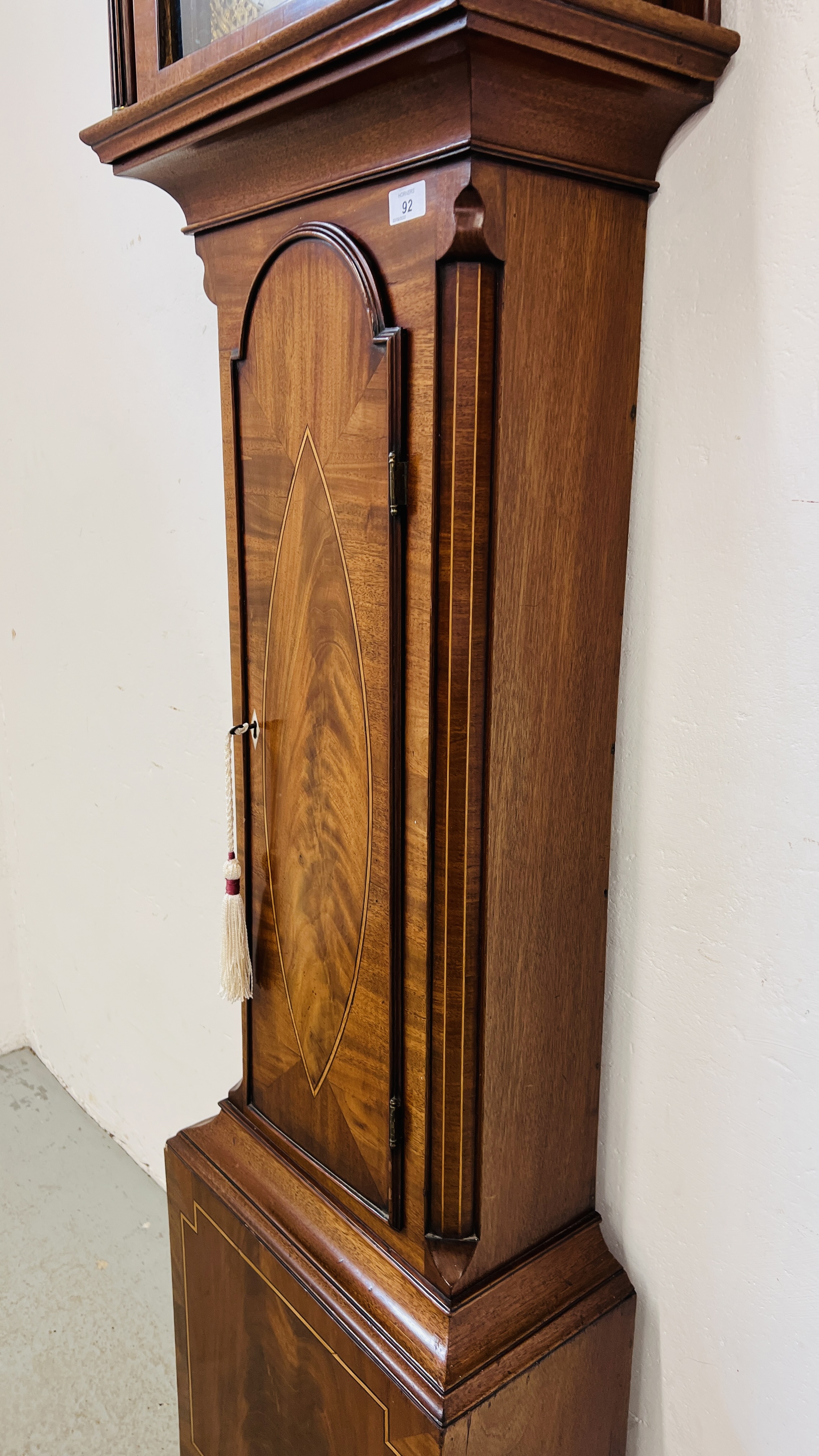 AN INLAID MAHOGANY GRANDFATHER CLOCK WITH JOSEPH LUM FACE COMPLETE WITH KEY AND PENDULUM - Image 6 of 14